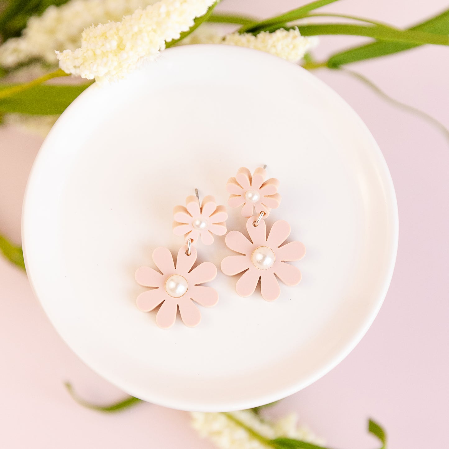 The Daisy Pearl Drop in Nude Blush/ Lightweight Acrylic Statement Earrings