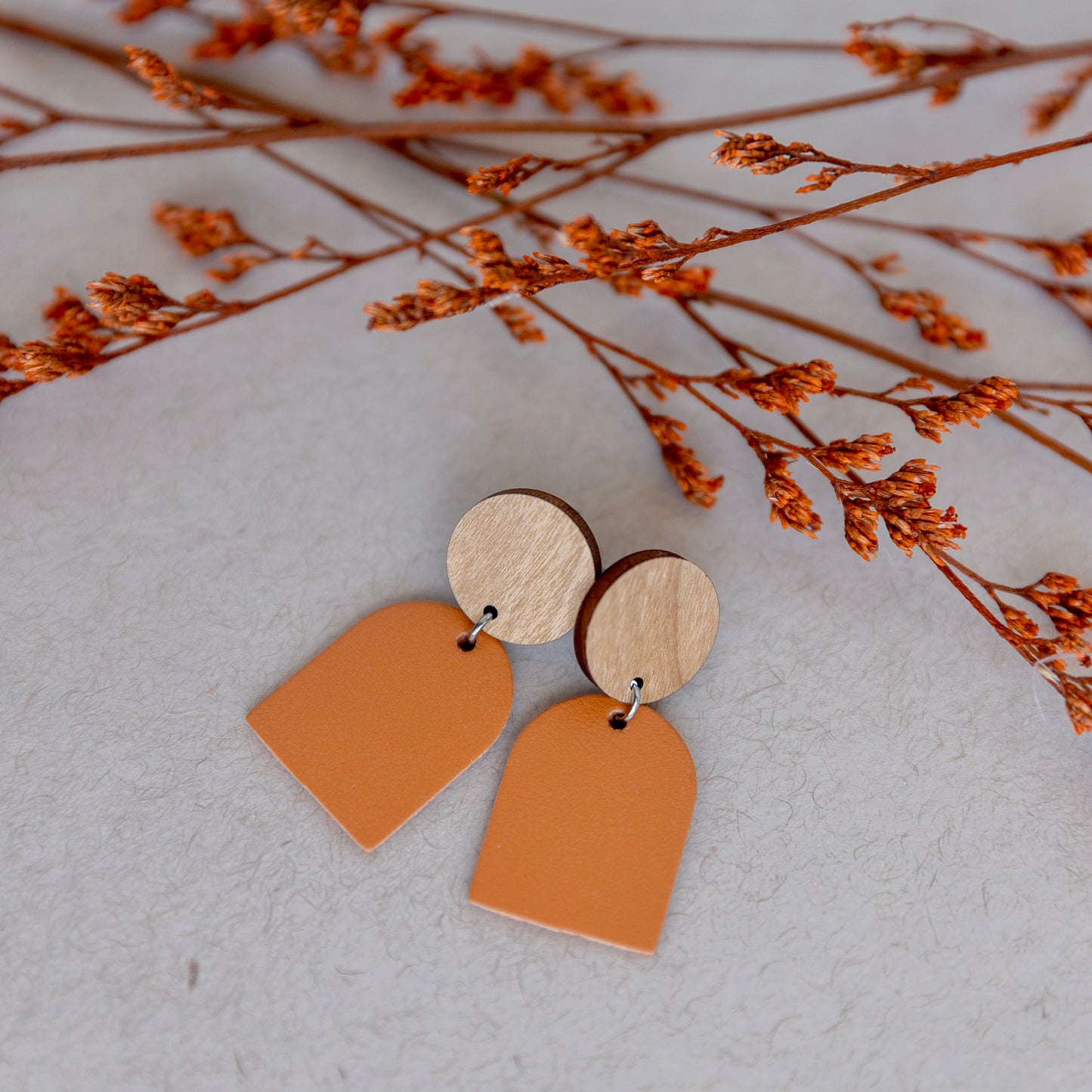 THE ARCH DANGLE in Orange/ Leather + Wood Statement Earrings