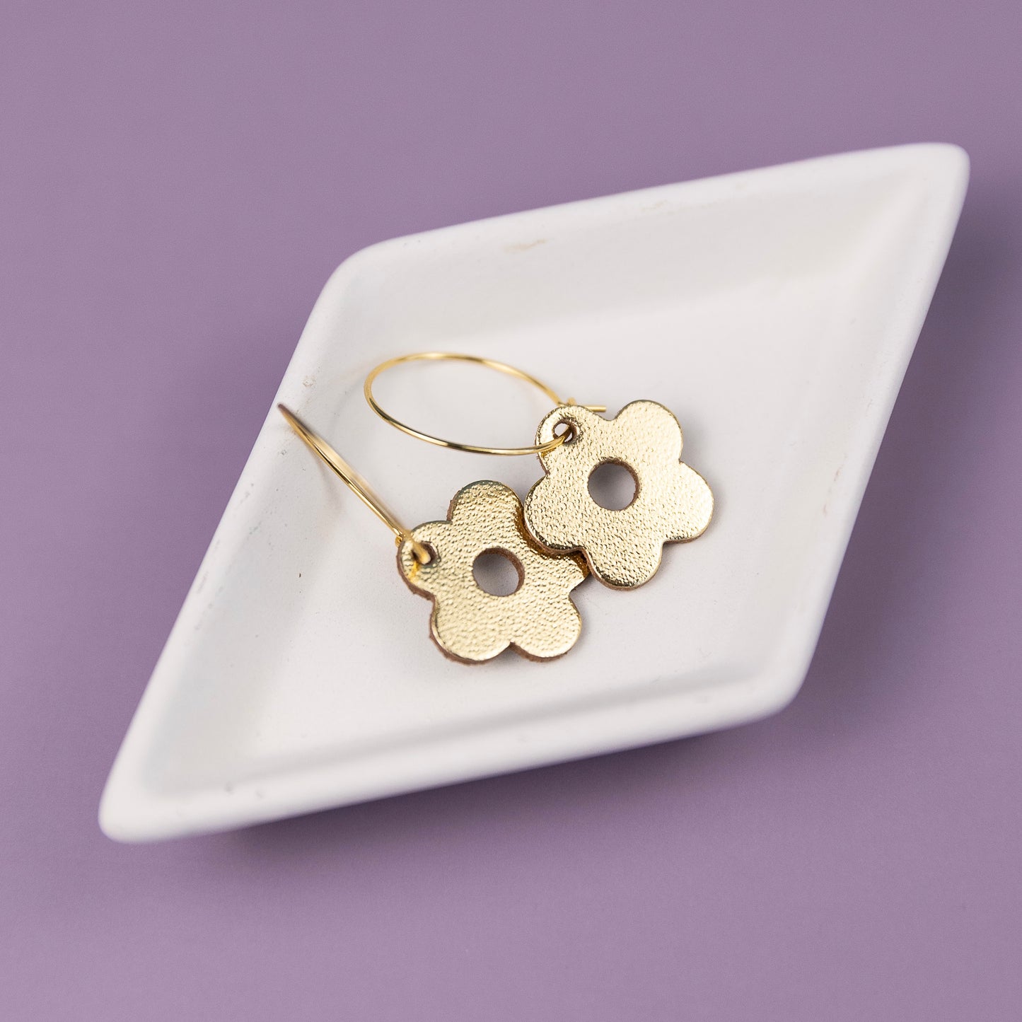 THE LEATHER DAISY HOOP in Gold/ Lightweight Statement Earrings