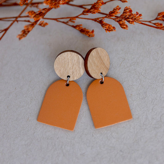 THE ARCH DANGLE in Orange/ Leather + Wood Statement Earrings