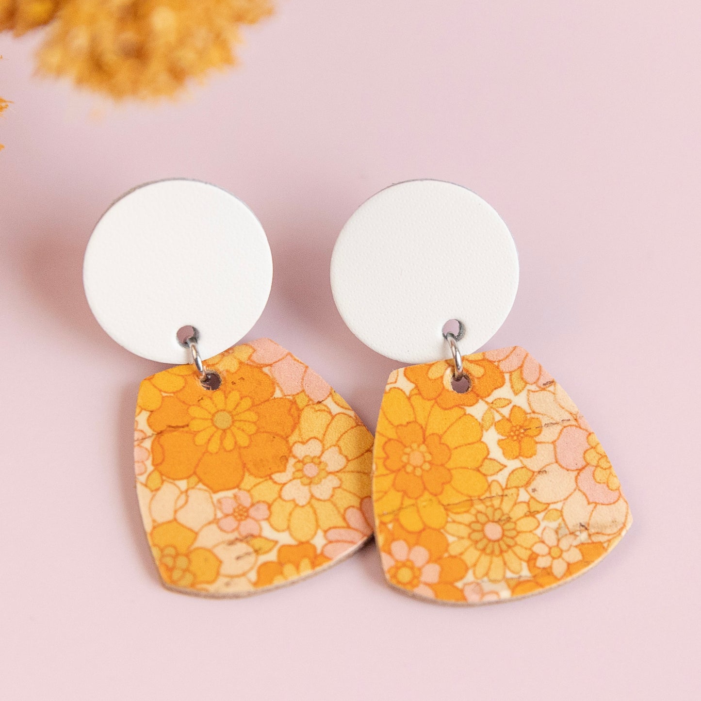 The Sally in Grandma’s Floral/Leather & Cork Retro Earrings