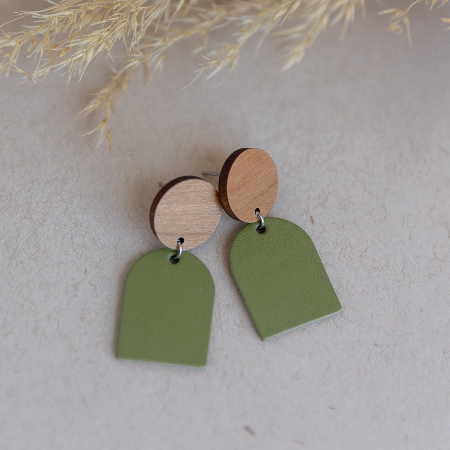 THE ARCH DANGLE in Olive Green/ Lightweight Leather + Wood Earrings