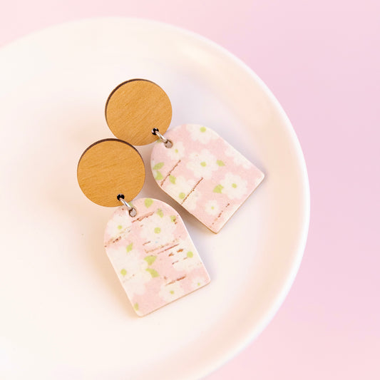 THE ARCH DANGLE in Vintage Pink Blooms/ Lightweight Leather Statement Earrings