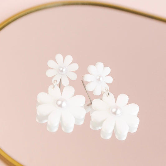 The Daisy Pearl Drop in White/ Lightweight Acrylic Statement Earrings
