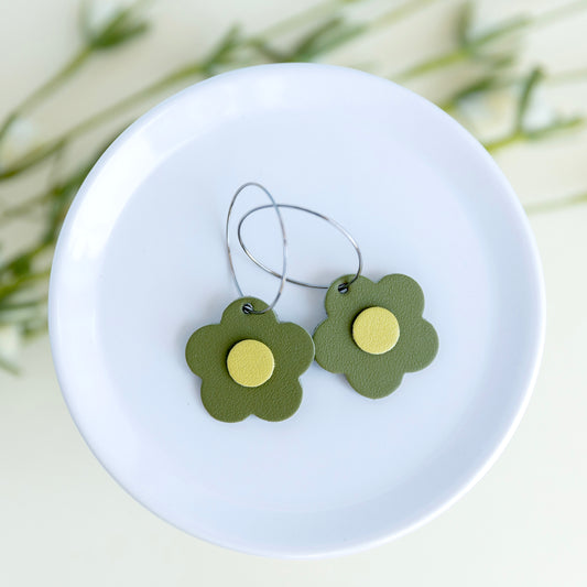 THE LEATHER DAISY HOOP in Olive Green/ Lightweight Statement Earrings