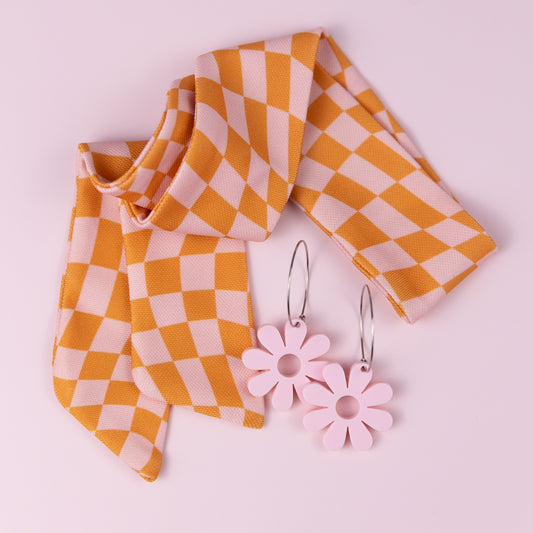 THE ULTIMATE HAIR SCARF SET in Pink and Orange Checkerboard/ Statement Hair Accessory + Earrings Gift Set