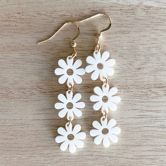 60s 70s Retro Vintage Inspired White Daisy Flower Power Boho Hippie Earrings with 14k Gold Filled Ear wire & finishes