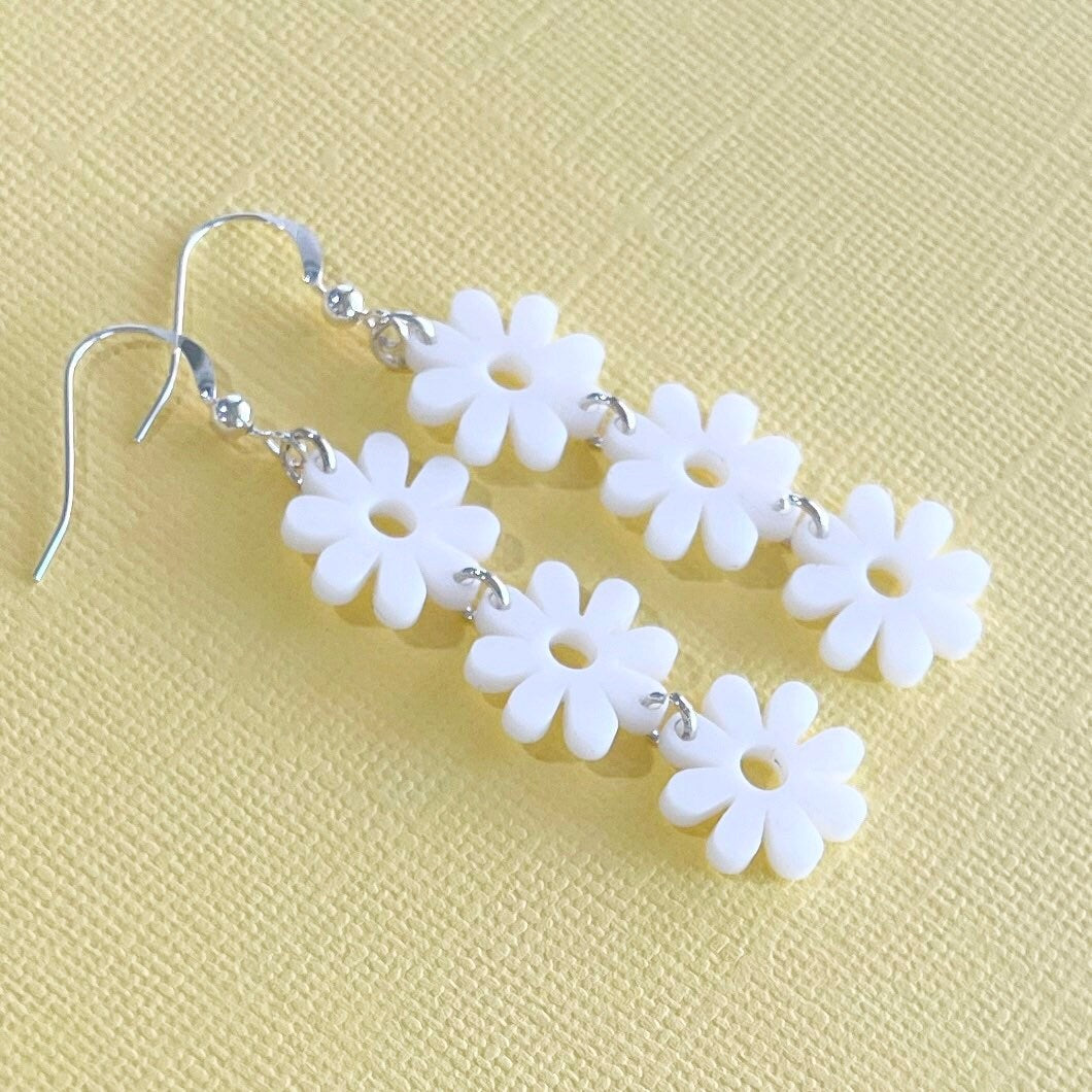 60s 70s White Daisy Floral Retro Flower Power Hippie Vintage inspired Statement Earrings with Sterling Silver Finishes