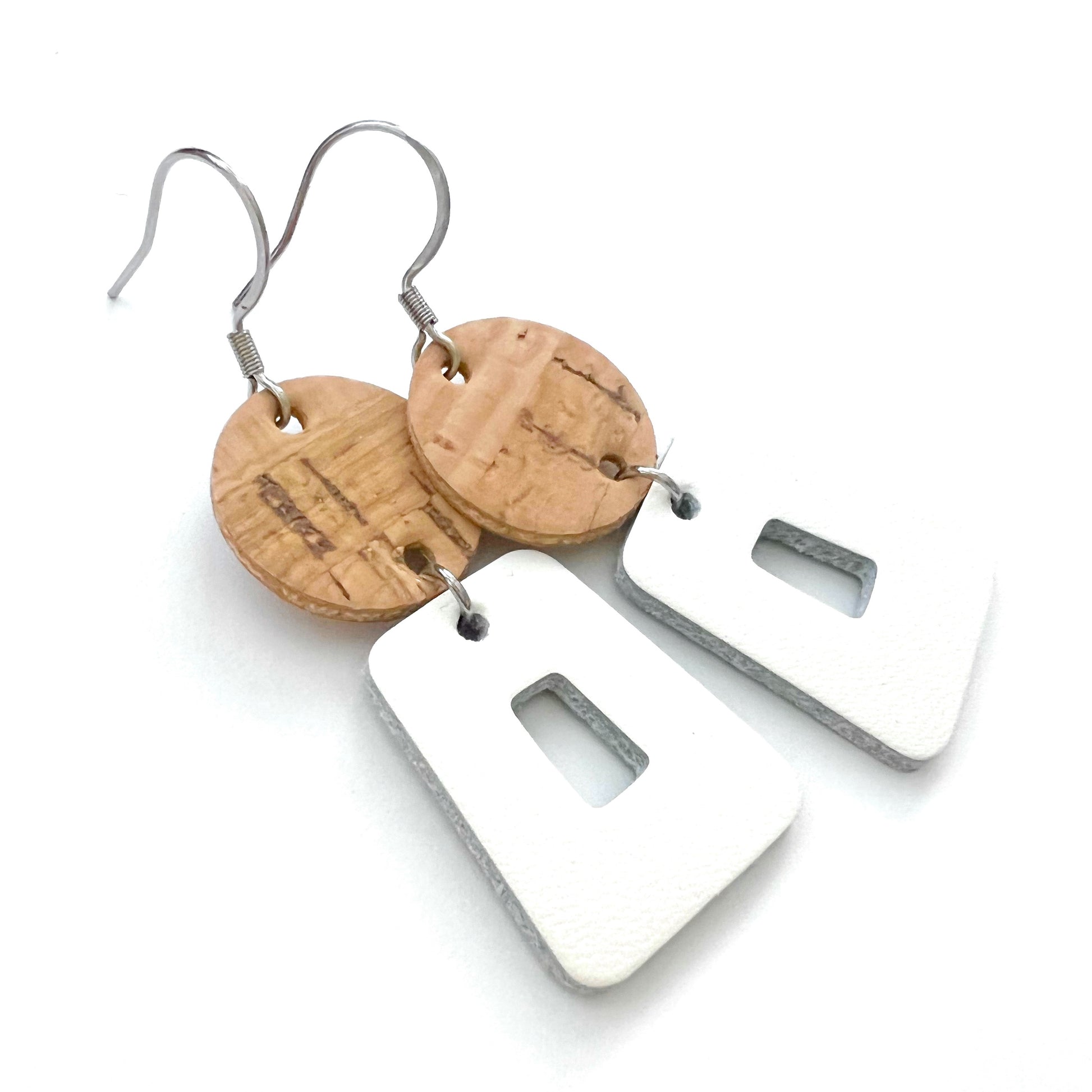 Retro Inspired Shapes with Natural Cork & White Leather lightweight statement earrings