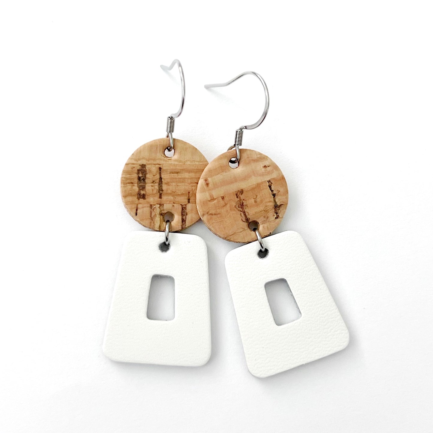 Retro Inspired Shapes with Natural Cork & White Leather lightweight statement earrings