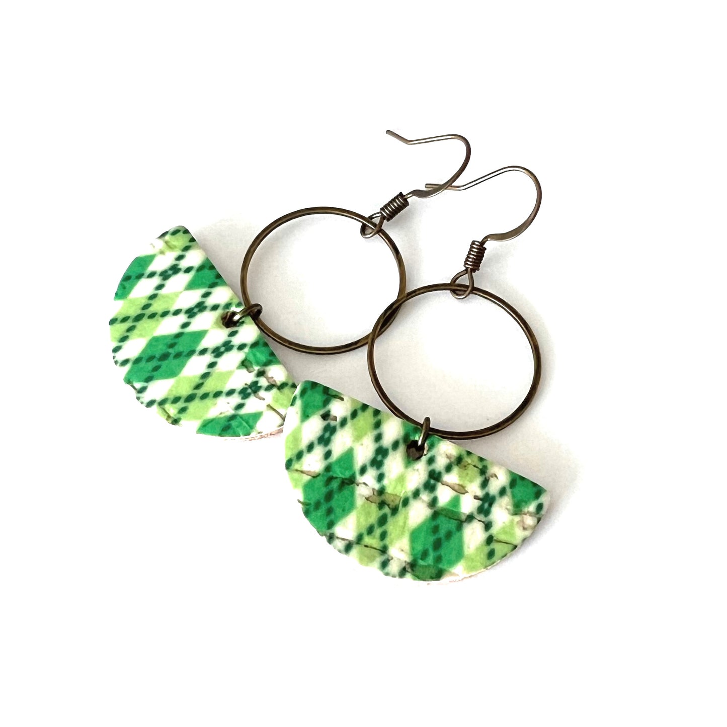 THE DROP in Green Argyle/ Lightweight Leather + Cork Statement Earrings