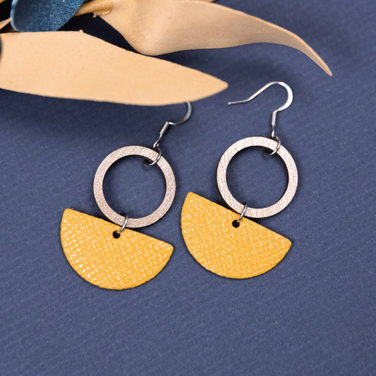 THE NORA in Mustard Yellow/Leather + Wood Statement Earrings