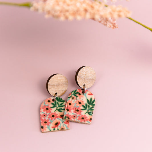 THE ARCH DANGLE in Pink+ Coral Floral/ Lightweight Leather Statement Earrings
