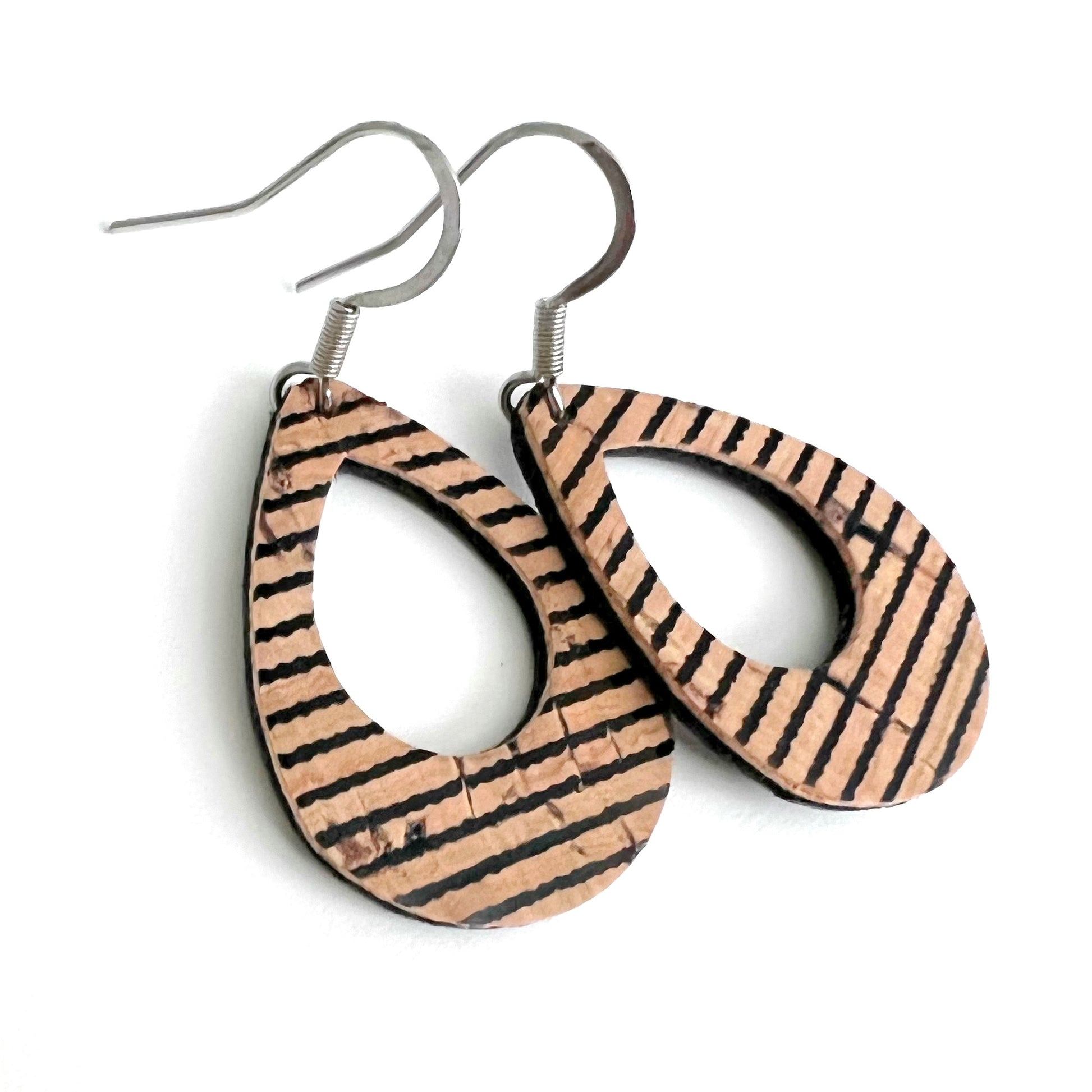 Mini Teardrop lightweight statement earrings with natural cork + leather and black pinstrip