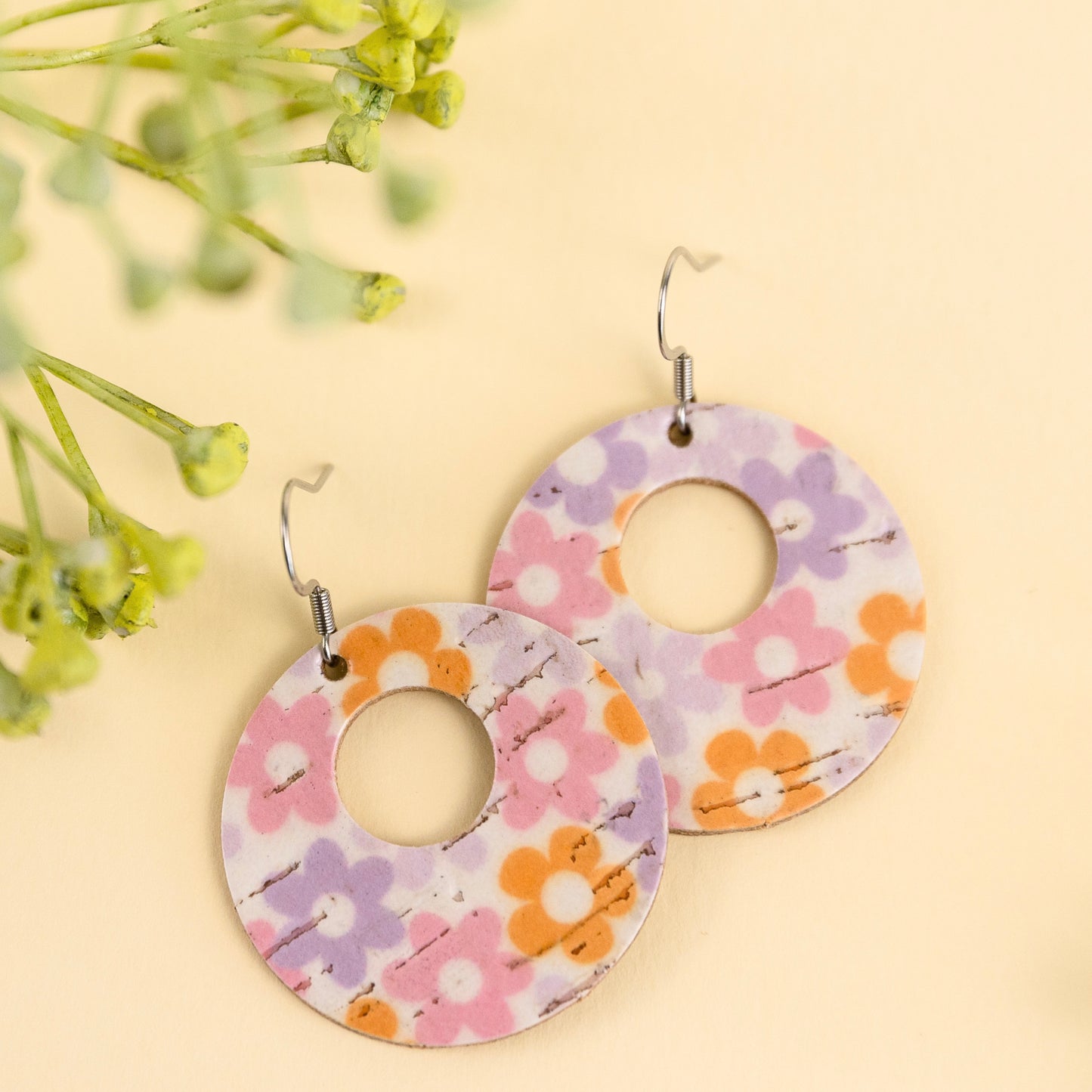 THE CIRCLE in Flower Power/ Lightweight Leather Statement Earrings