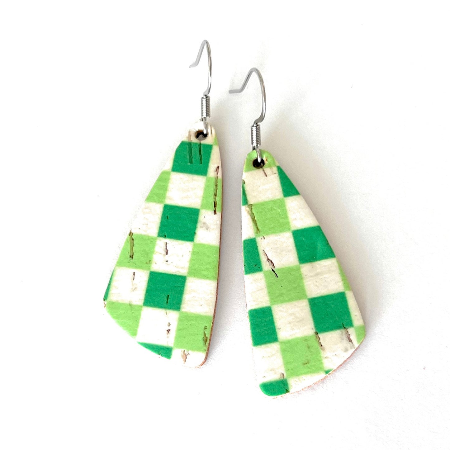 THE WEDGE in Green Checkers/ Lightweight Leather + Cork Statement Earrings
