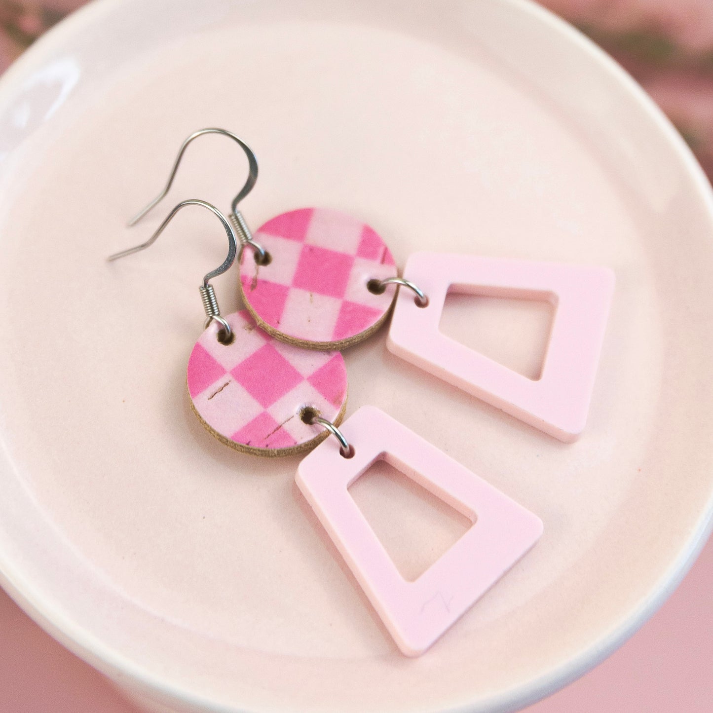 THE JANE in Pink Checkerboard/ Lightweight Leather Statement Earrings