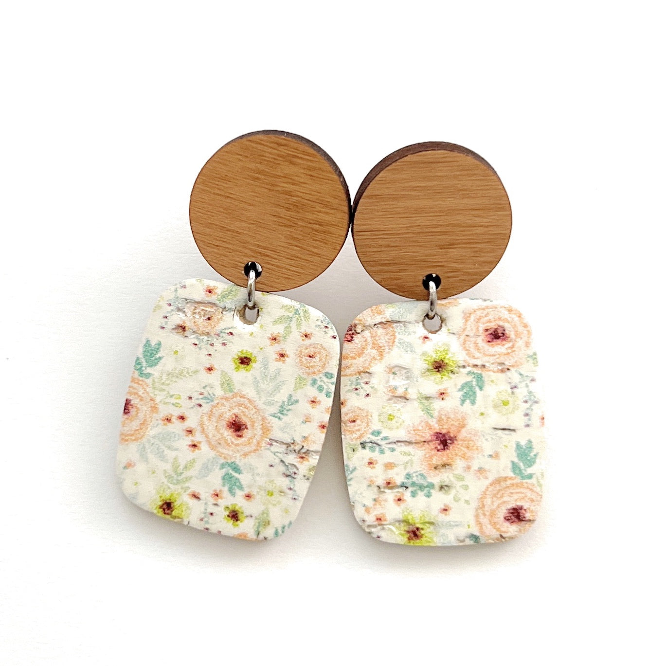 Lightweight Leather and cork Statement earring with wood. Peach blossom floral pattern