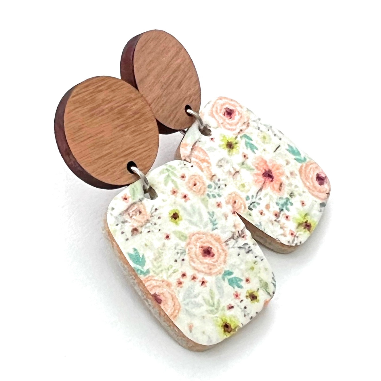 Lightweight Leather and cork Statement earring with wood. Peach blossom floral pattern