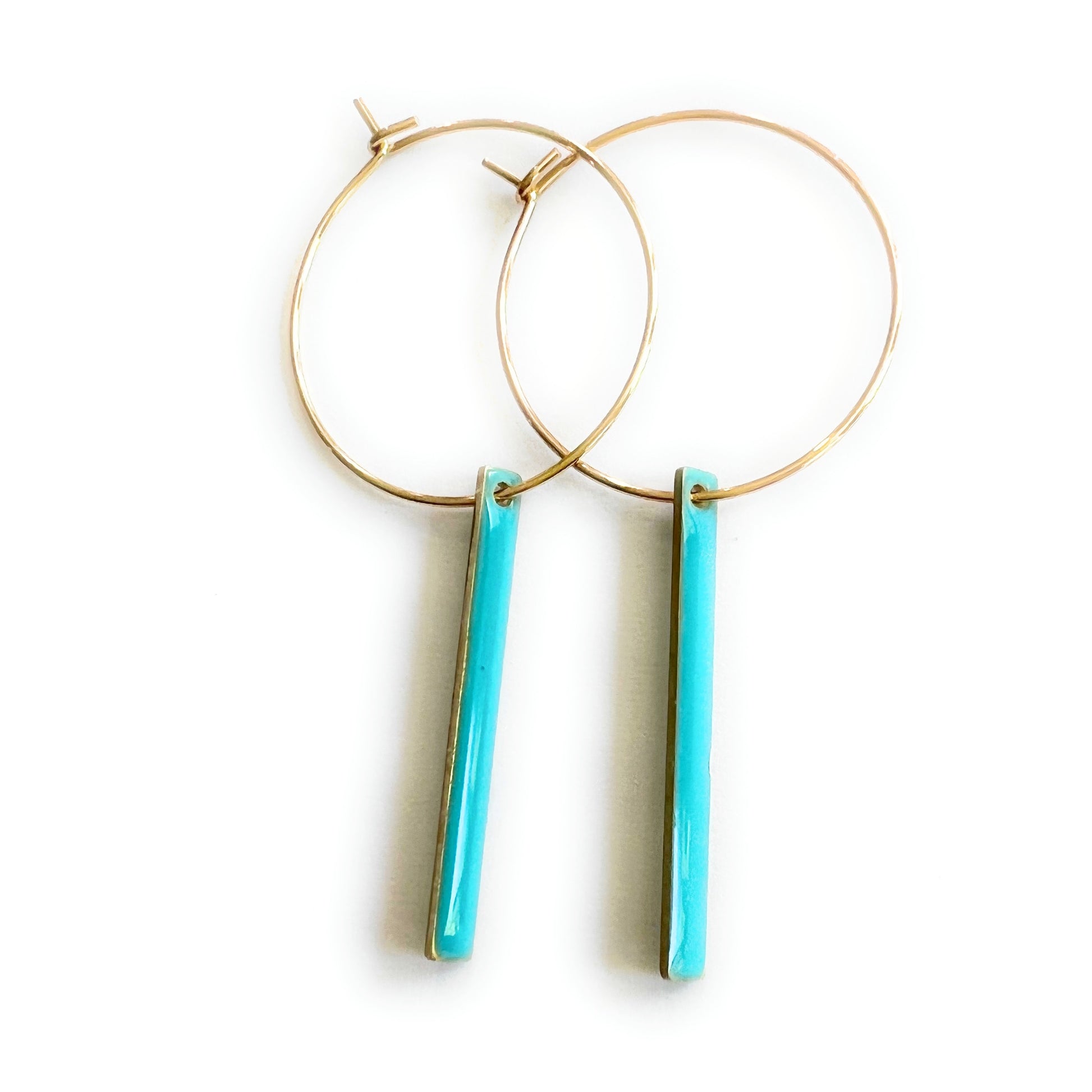 Gold hoops with aqua bar charm lightweight statement earrings