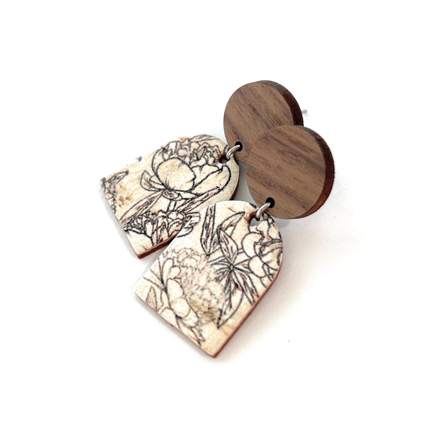 THE ARCH DANGLE in Black & White Floral Sketch/ Lightweight Leather + Wood Statement Earrings