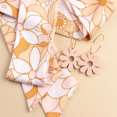 THE BEST EARRINGS/HEADBAND in Nude Blush Pink Retro Floral + Daisy Hoops/ Statement Accessories