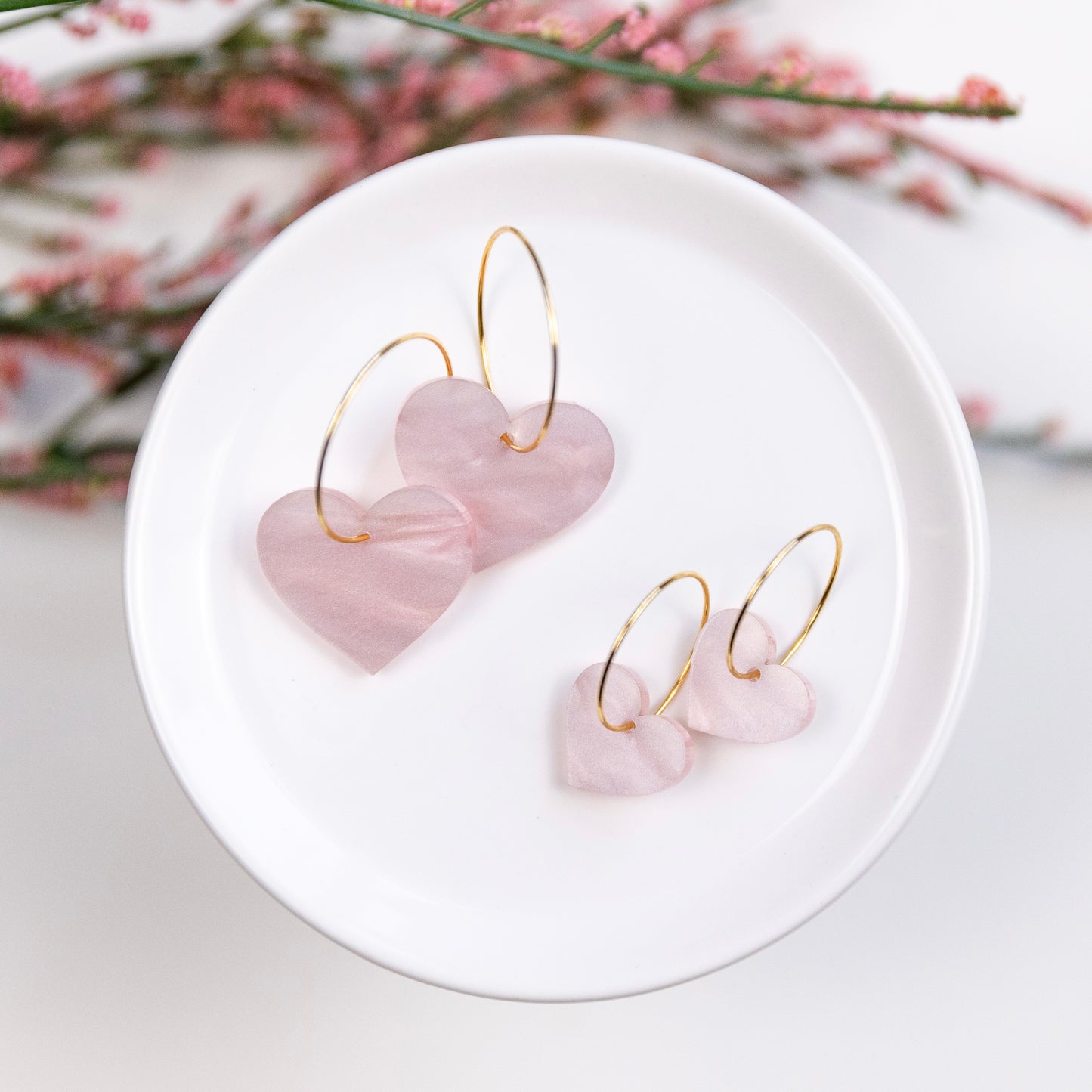THE HEART HOOP in Pink Pearl Shimmer/ Lightweight Acrylic Statement Hoop Earrings