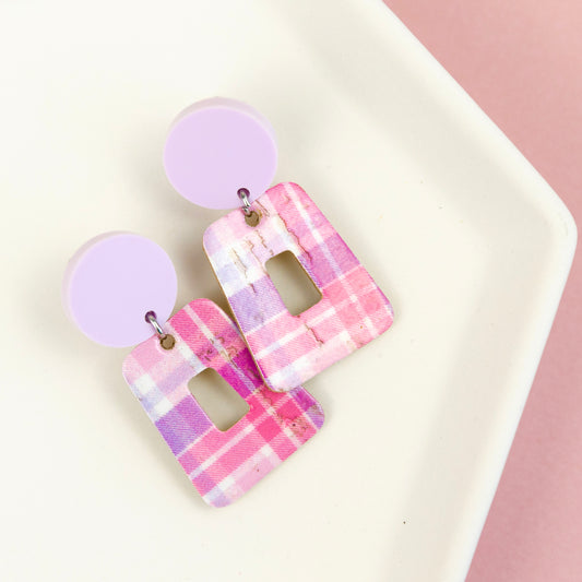 THE SUE in Spring Plaid + Acrylic/ Lightweight Leather Statement Earrings