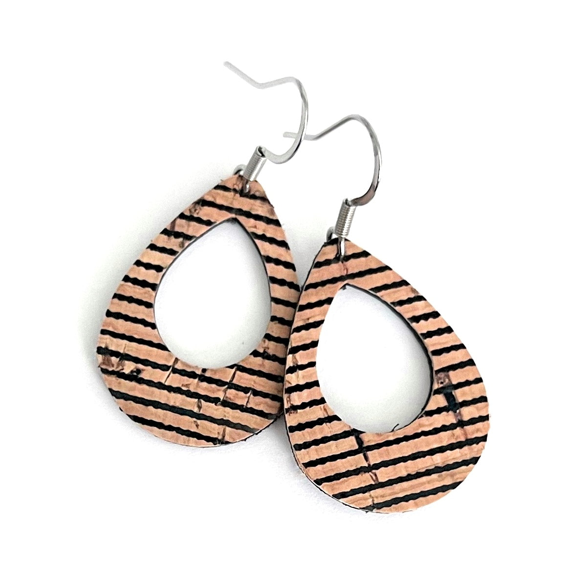 Mini Teardrop lightweight statement earrings with natural cork + leather and black pinstripes 